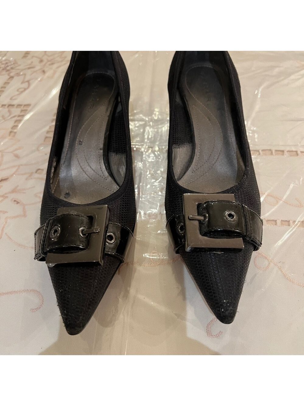 Tahari Black/Dark Navy Textured Heels with Buckle